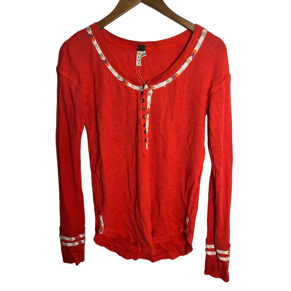XS Free People We The Free Red Waffle Knit Henley Embroidered Thermal Top